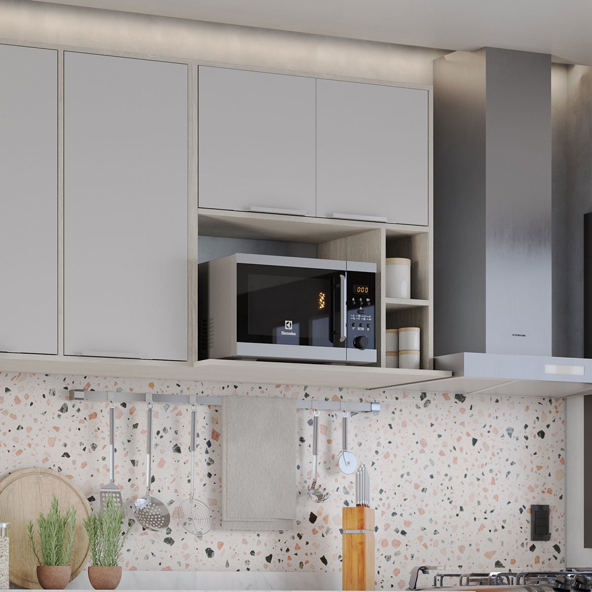 Armário Aéreo para Cozinha 80 cm 2 Portas com Nicho Atenas Cinza Cristal
