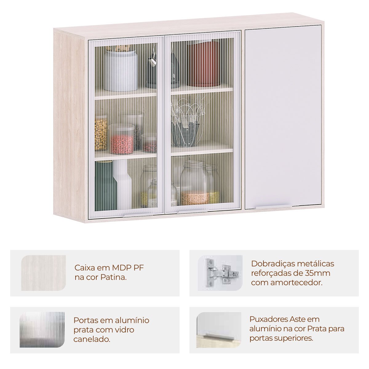 Armário Aéreo para Cozinha com Portas de Vidro 120 cm Atenas Cinza Cristal/Vidro Canelado