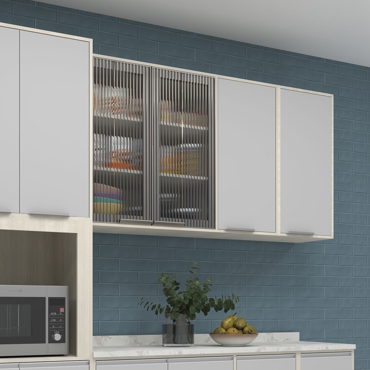 Armário Aéreo para Cozinha com Portas de Vidro 120 cm Atenas Cinza Cristal/Vidro Canelado