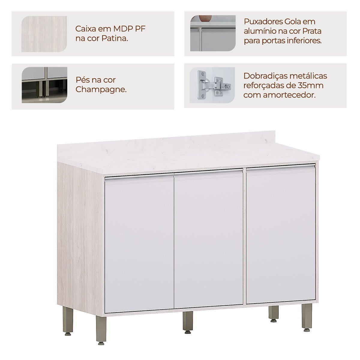 Balcão 120 cm para Cozinha Modulada 3 Portas Atenas Cinza Cristal