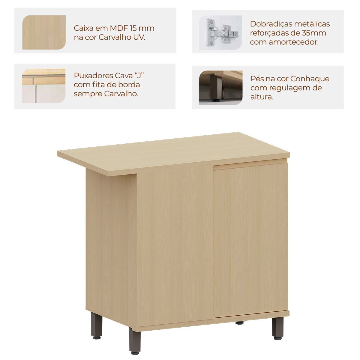 Balcão Canto Reto para Cozinha 1 Porta MDP/MDF Aurora Carvalho