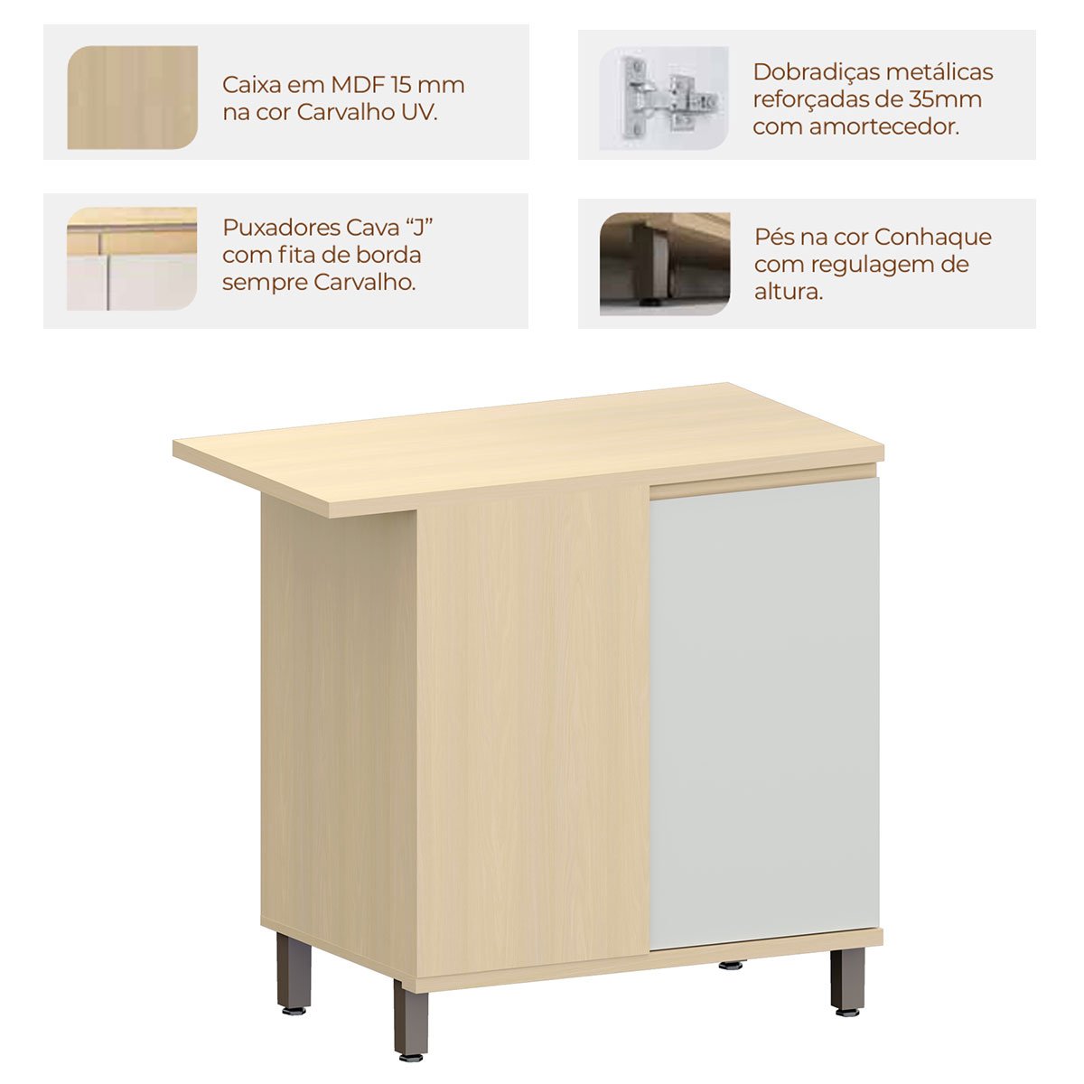 Balcão Canto Reto para Cozinha 1 Porta MDP/MDF Aurora Cinza Cristal