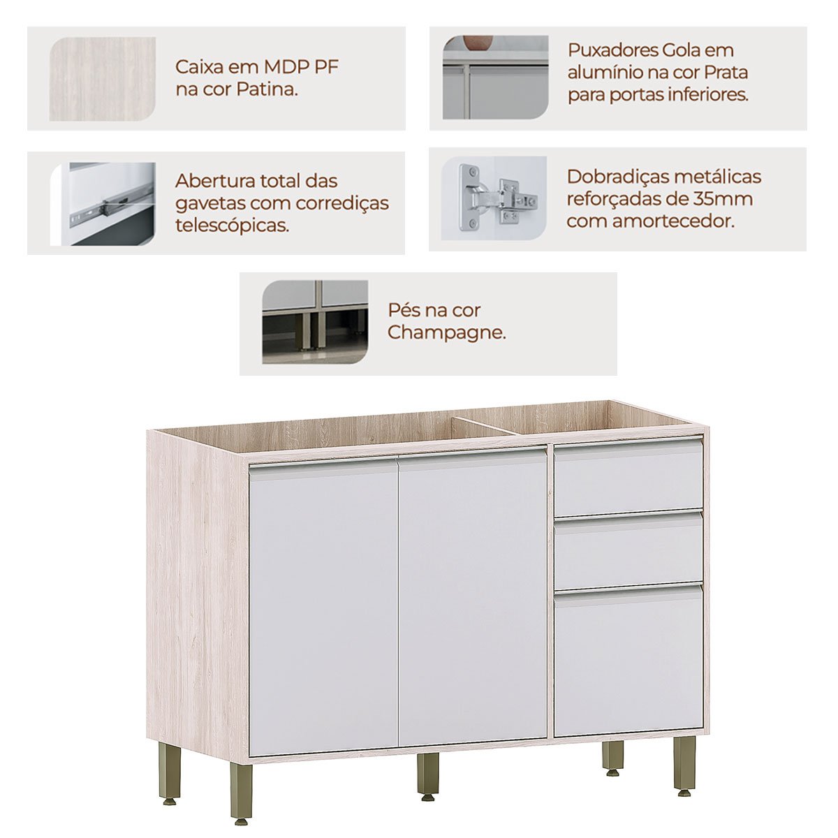 Balcão de Pia para Cozinha 120 cm 2 Portas 3 Gavetas Atenas Cinza Cristal