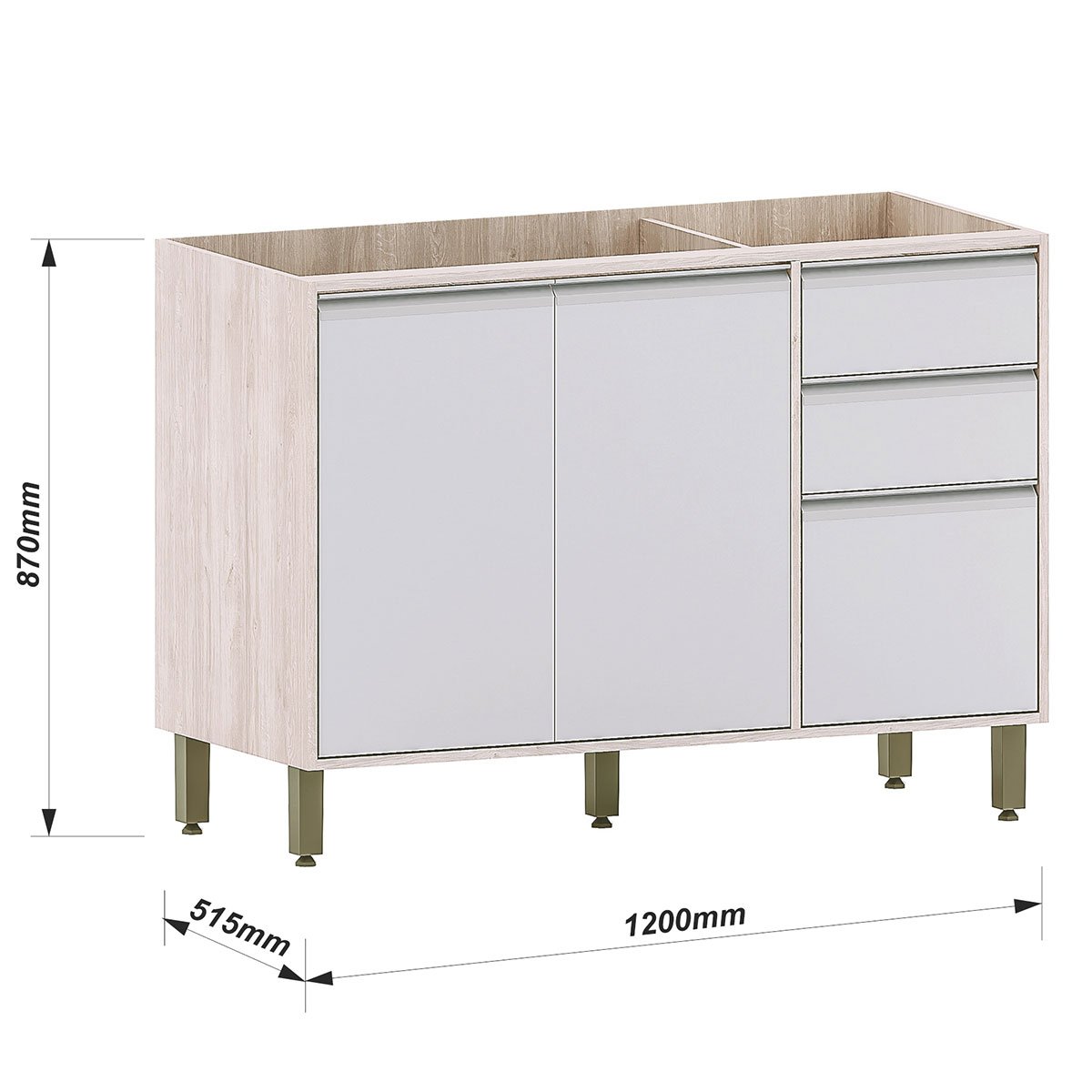 Balcão de Pia para Cozinha 120 cm 2 Portas 3 Gavetas Atenas Cinza Cristal