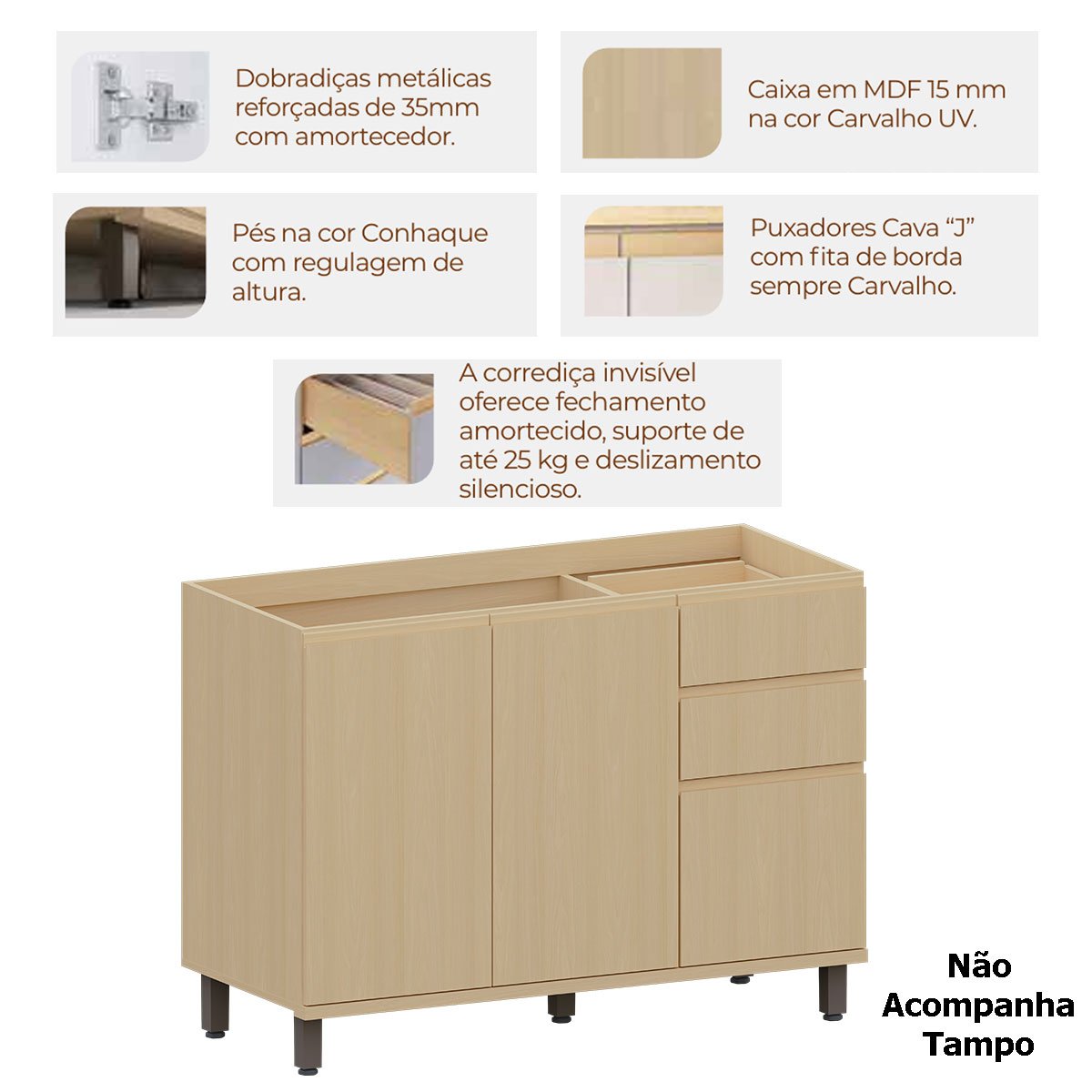 Balcão de Pia para Cozinha 120 cm 3 Portas 2 Gavetas Aurora Carvalho