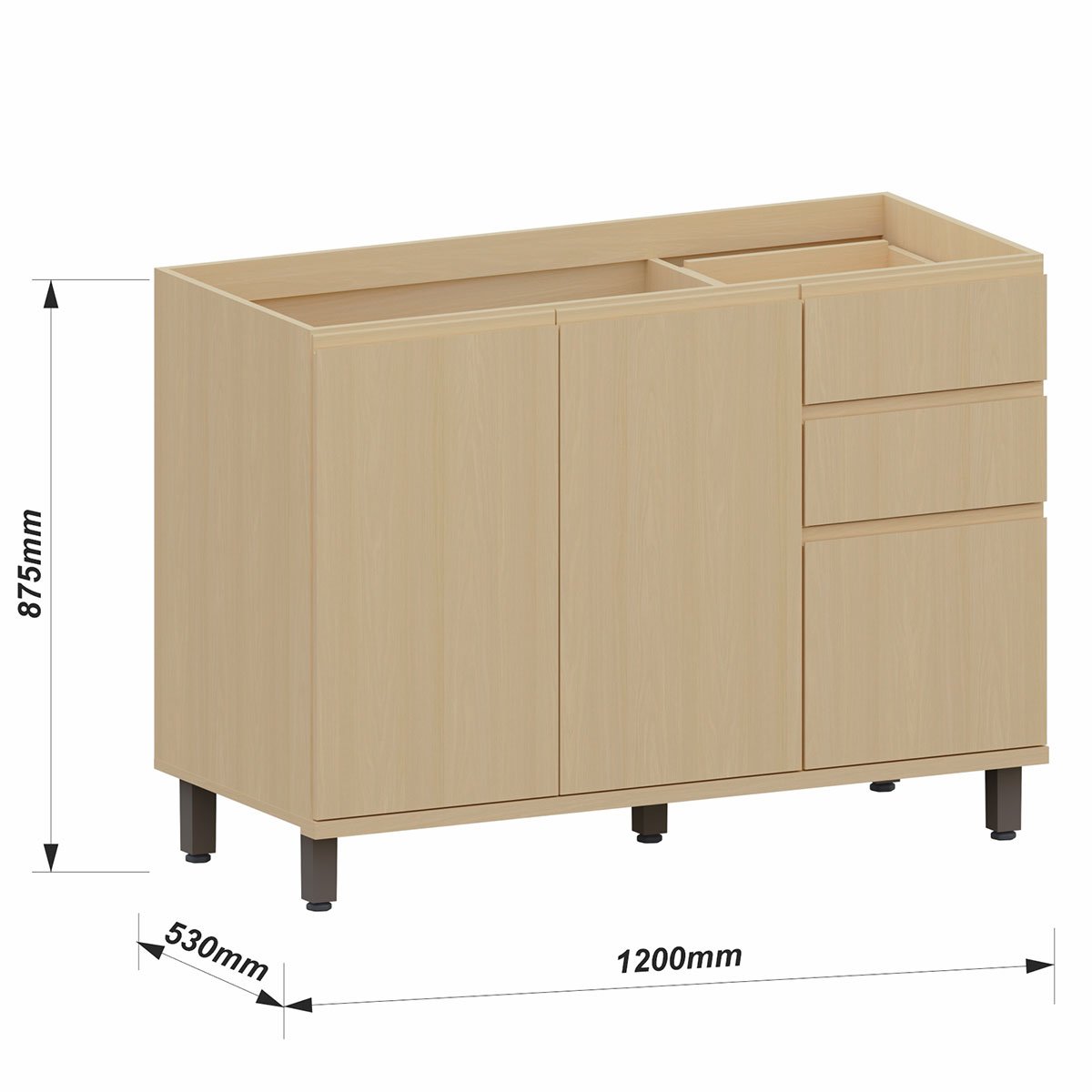 Balcão de Pia para Cozinha 120 cm 3 Portas 2 Gavetas Aurora Carvalho