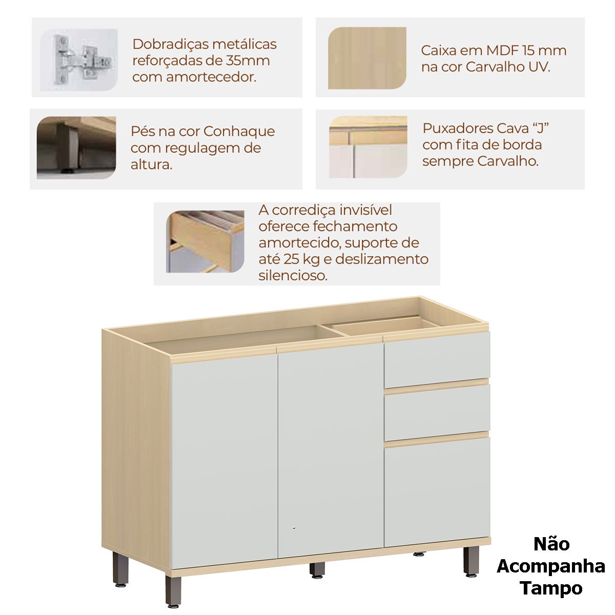 Balcão de Pia para Cozinha 120 cm 3 Portas 2 Gavetas Aurora Cinza Cristal