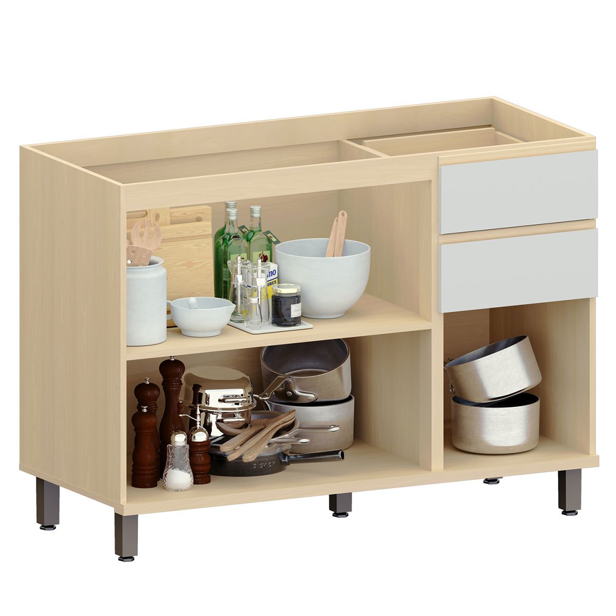 Balcão de Pia para Cozinha 120 cm 3 Portas 2 Gavetas Aurora Cinza Cristal