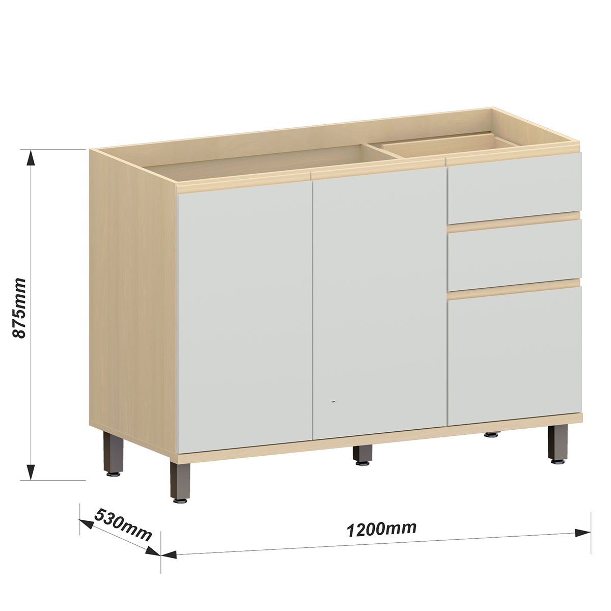 Balcão de Pia para Cozinha 120 cm 3 Portas 2 Gavetas Aurora Cinza Cristal
