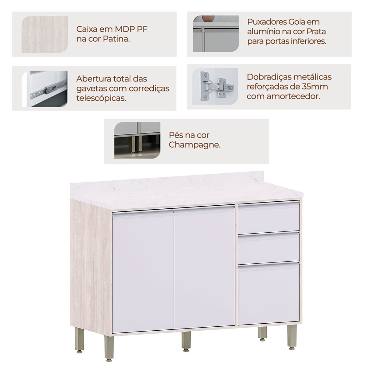 Balcão para Cozinha 120 cm 2 Portas 3 Gavetas Atenas Cinza Cristal