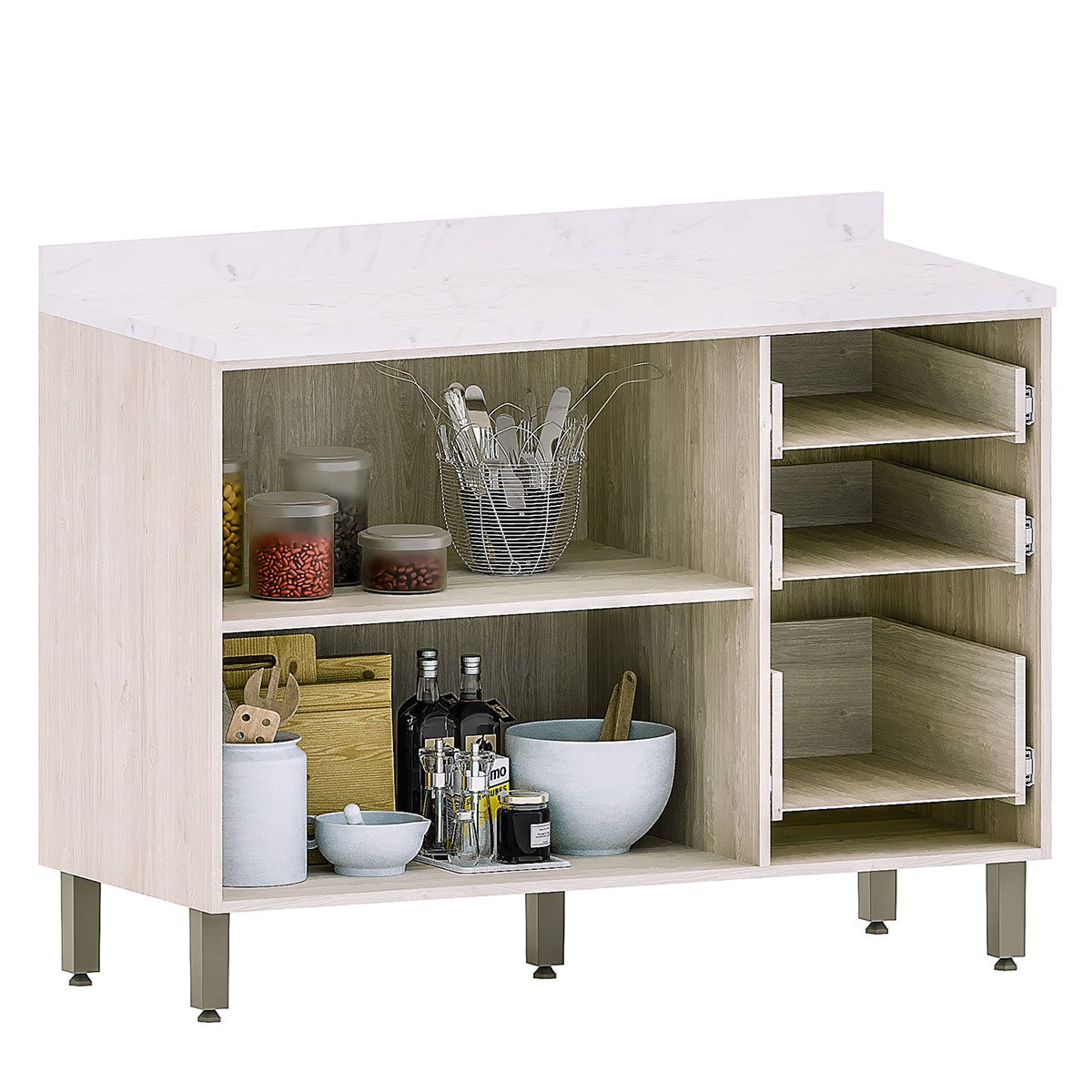 Balcão para Cozinha 120 cm 2 Portas 3 Gavetas Atenas Cinza Cristal