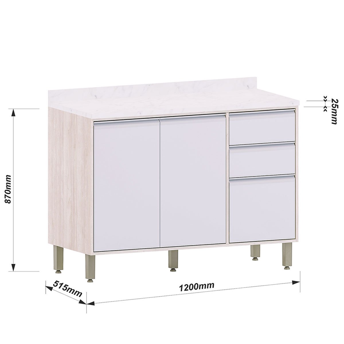 Balcão para Cozinha 120 cm 2 Portas 3 Gavetas Atenas Cinza Cristal