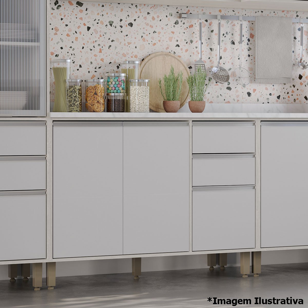 Balcão para Cozinha 120 cm 2 Portas 3 Gavetas Atenas Cinza Cristal