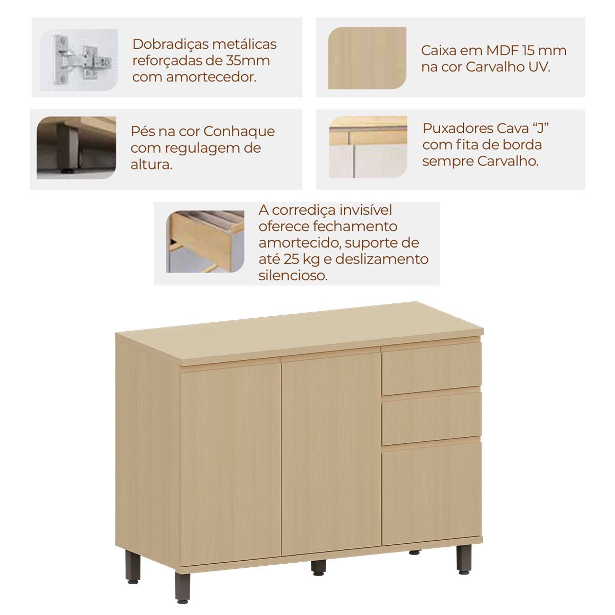 Balcão para Cozinha 120 cm 3 Portas 2 Gavetas Aurora Carvalho