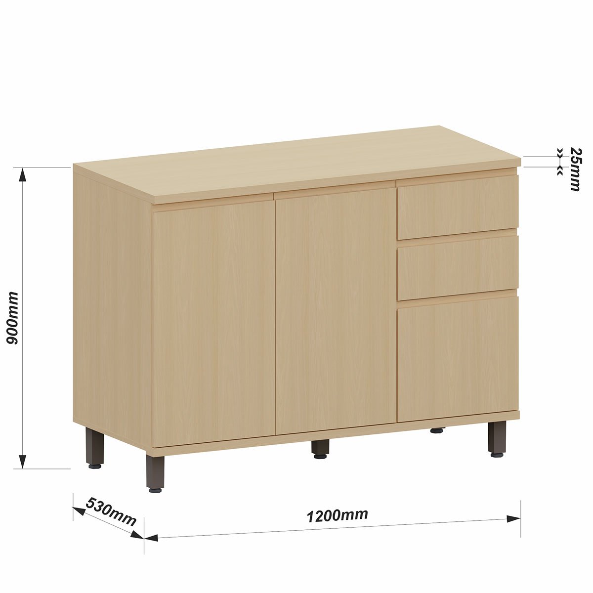 Balcão para Cozinha 120 cm 3 Portas 2 Gavetas Aurora Carvalho