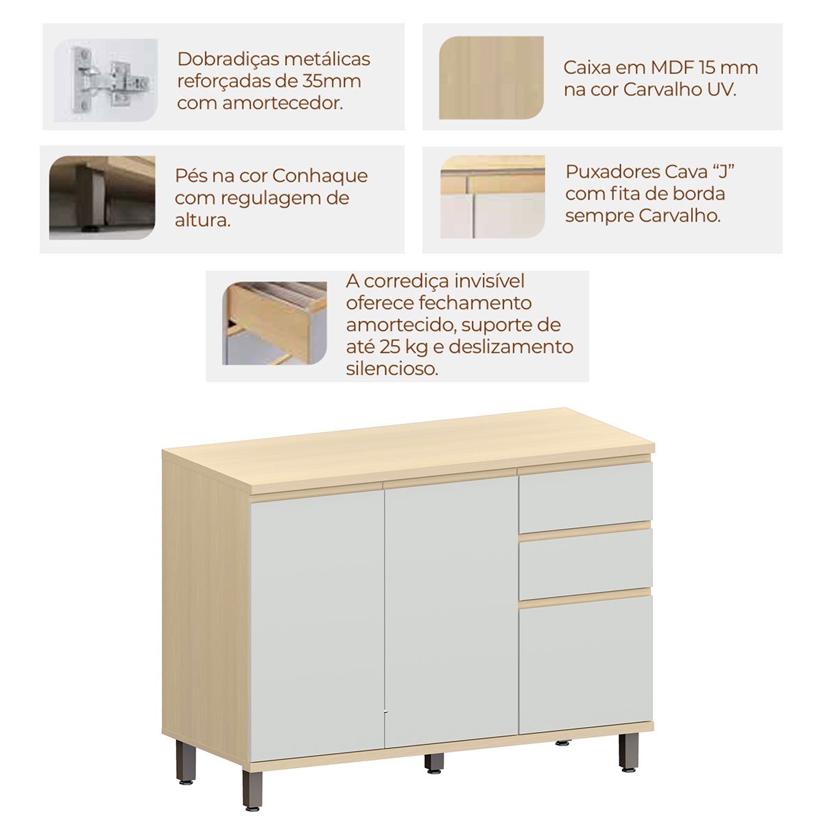 Balcão para Cozinha 120 cm 3 Portas 2 Gavetas Aurora Cinza Cristal