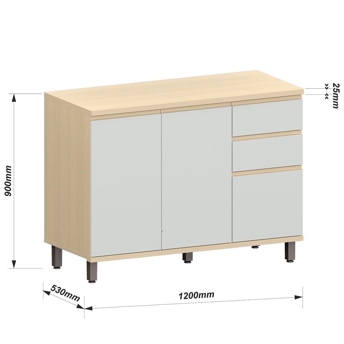 Balcão para Cozinha 120 cm 3 Portas 2 Gavetas Aurora Cinza Cristal