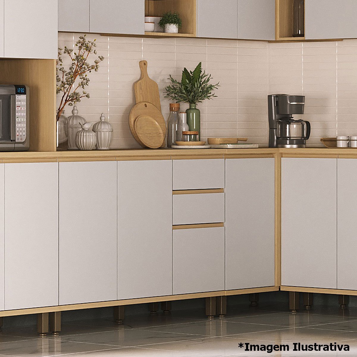 Balcão para Cozinha 120 cm 3 Portas 2 Gavetas Aurora Cinza Cristal