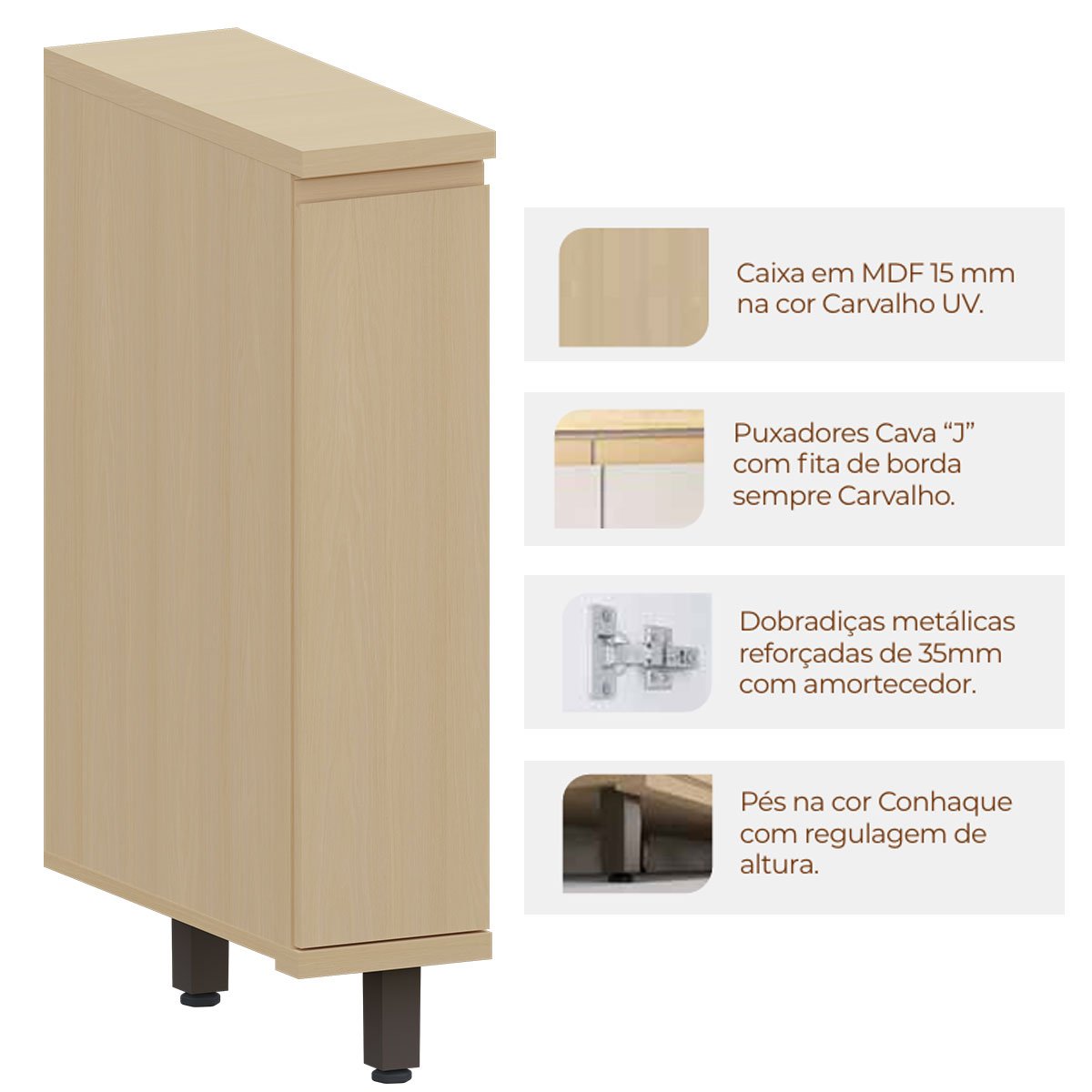 Balcão para Cozinha 20 cm 1 Porta MDF/MDP Aurora Carvalho