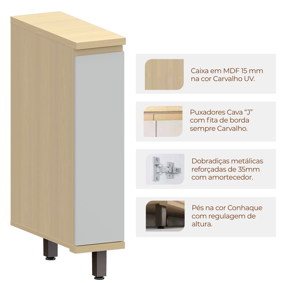 Balcão para Cozinha 20 cm 1 Porta MDF/MDP Aurora Cinza Cristal