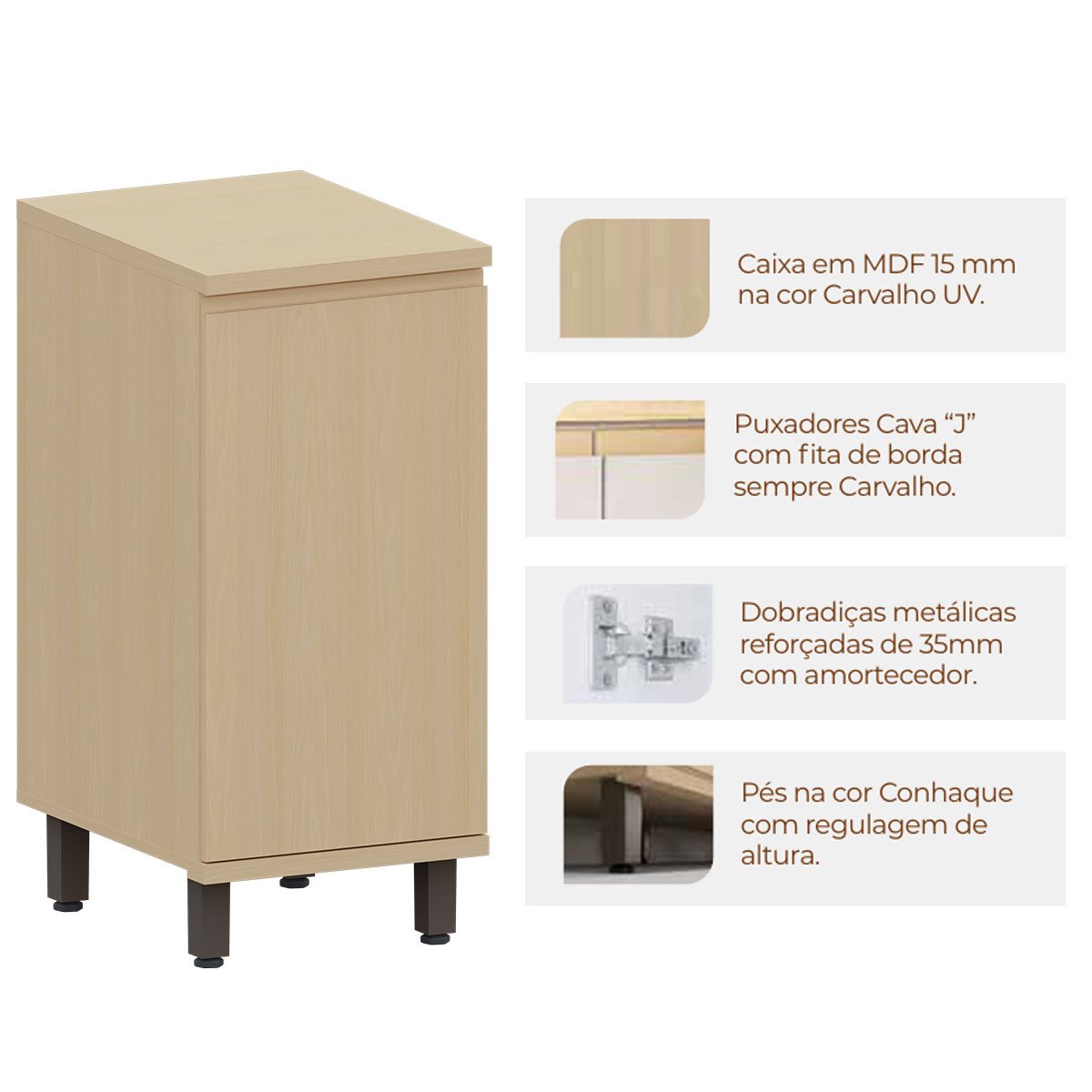 Balcão para Cozinha 40 cm 1 Porta MDF/MDP Aurora Carvalho