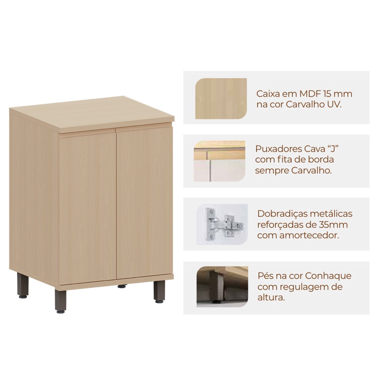 Balcão para Cozinha 60 cm 2 Portas MDF/MDP Aurora Carvalho