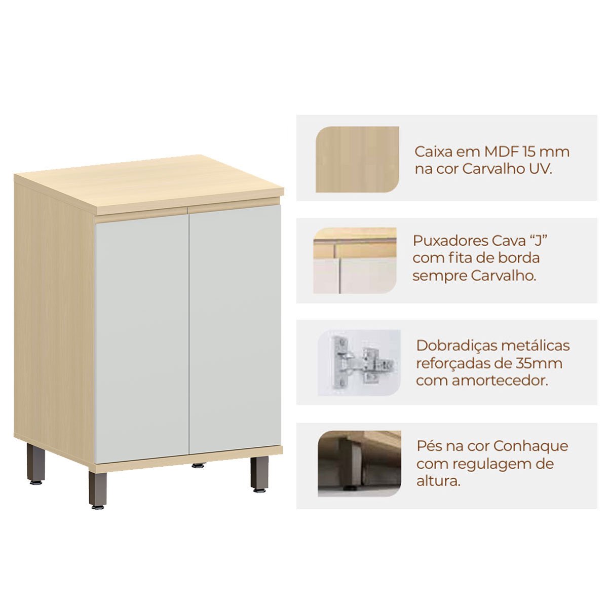 Balcão para Cozinha 60 cm 2 Portas MDF/MDP Aurora Cinza Cristal