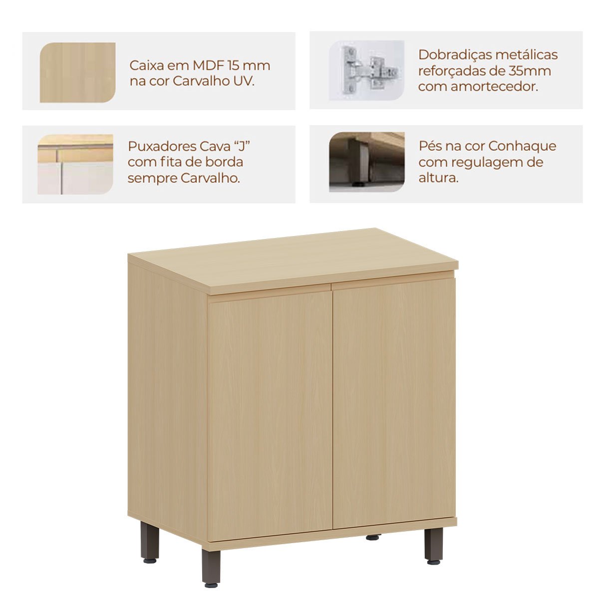 Balcão para Cozinha 80 cm 2 Portas MDF/MDP Aurora Carvalho