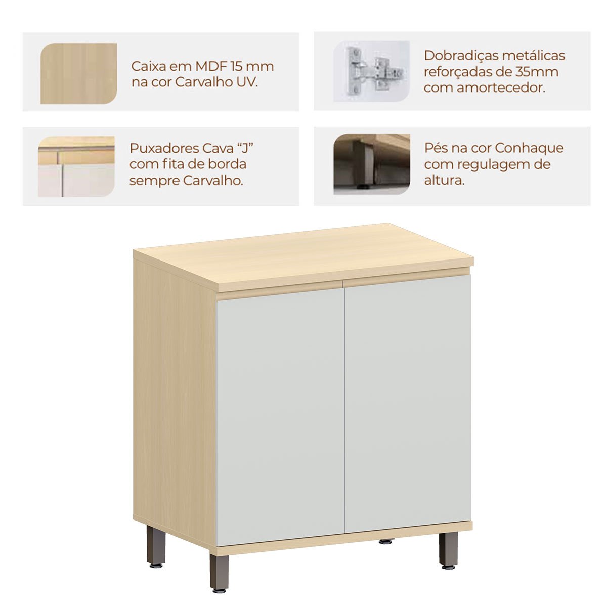 Balcão para Cozinha 80 cm 2 Portas MDF/MDP Aurora Cinza Cristal