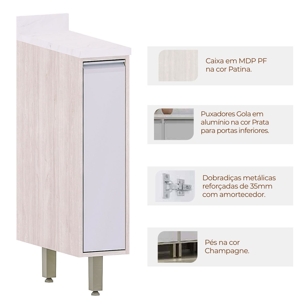 Balcão para Cozinha Modulada 20 cm 1 Porta Atenas Cinza Cristal