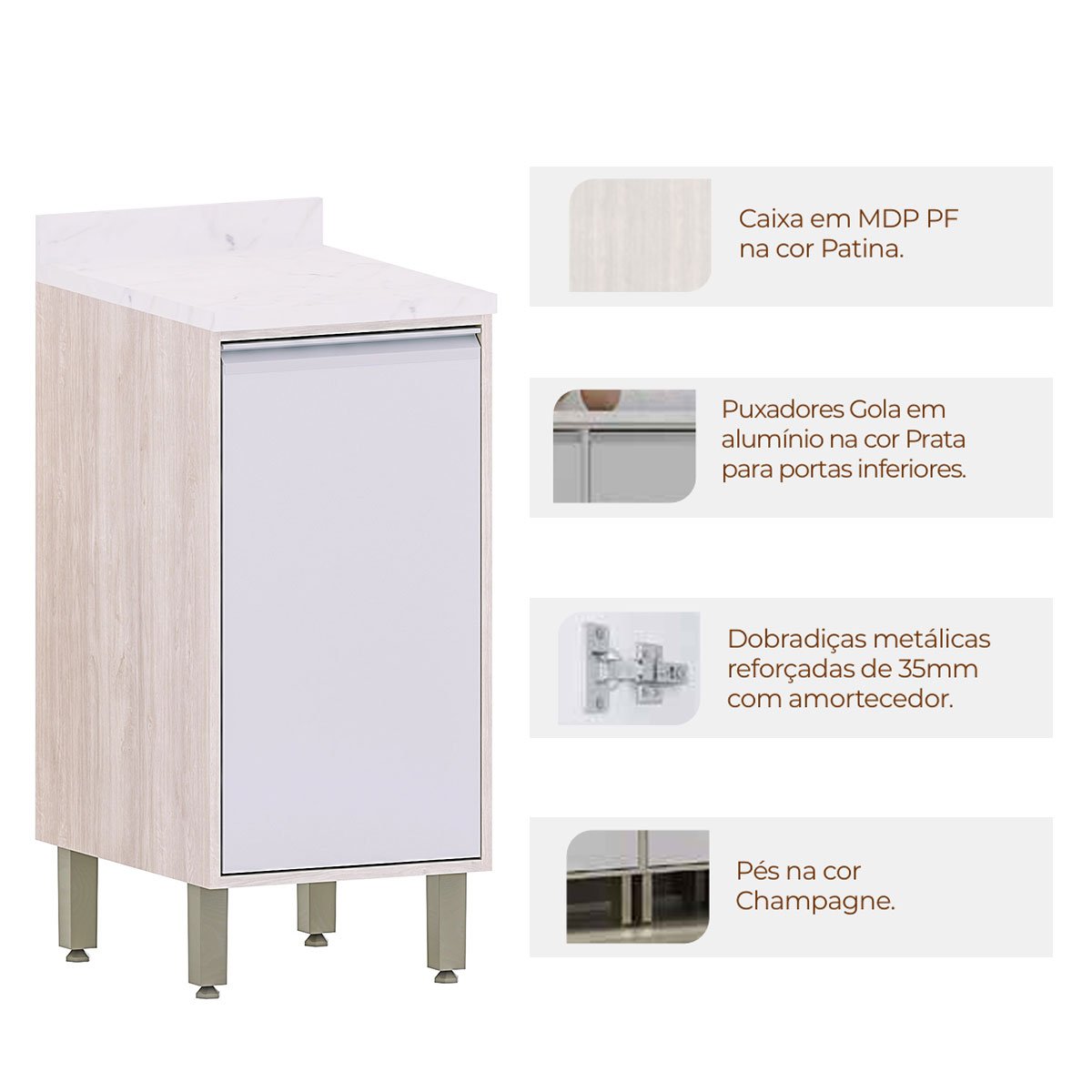 Balcão para Cozinha Modulada 40 cm 1 Porta Atenas Cinza Cristal