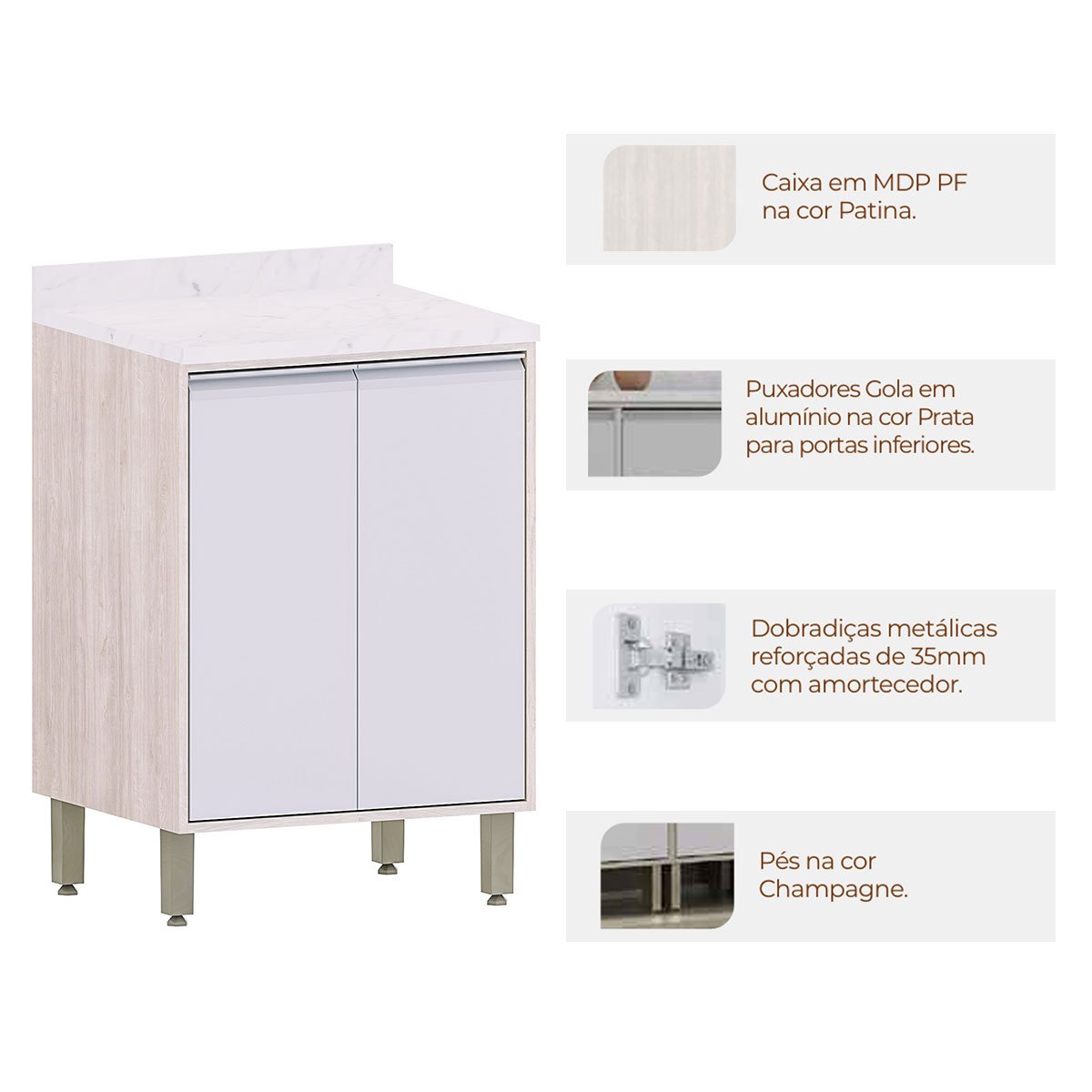 Balcão para Cozinha Modulada 60 cm 2 Portas Atenas Cinza Cristal