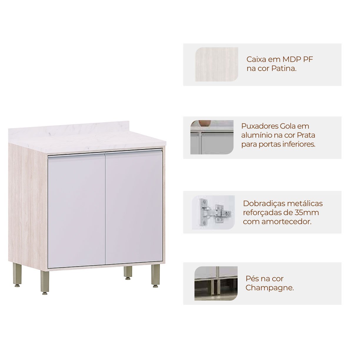 Balcão para Cozinha Modulada 80 cm 2 Portas Atenas Cinza Cristal