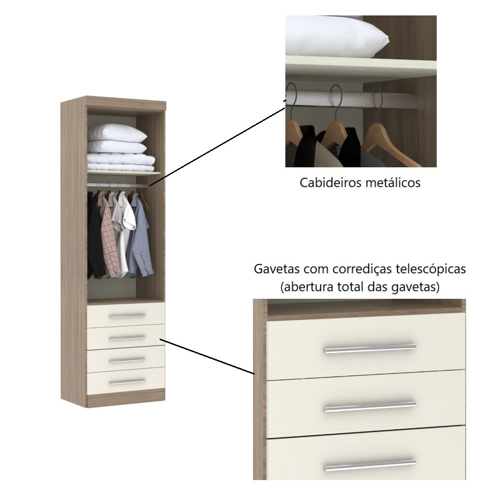 Guarda Roupa 2 Portas 4 Gavetas c/ Cabideiro - Areia - Módulo Dormitório Master