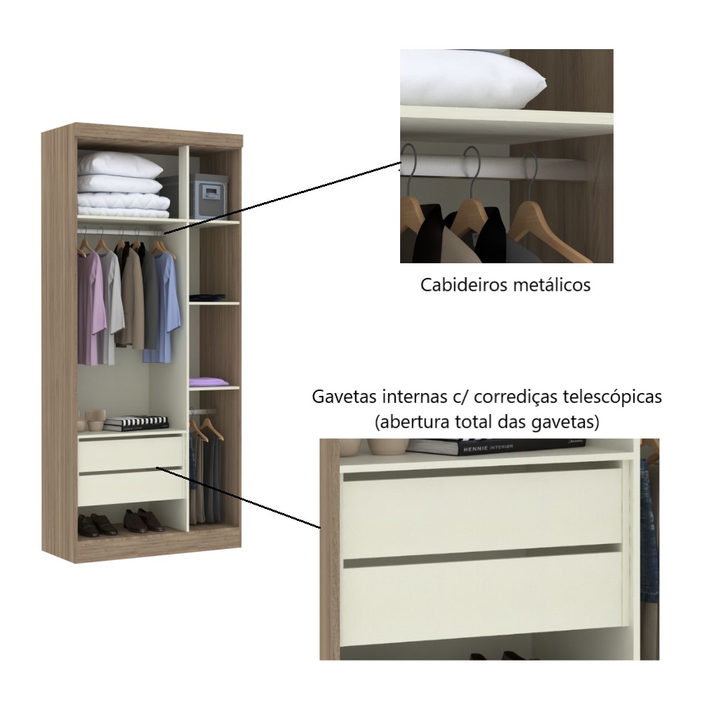 Guarda Roupa 3 Portas 2 Gavetas Internas - Módulo Dormitório Master - Guarda Roupas Modulado Luciane