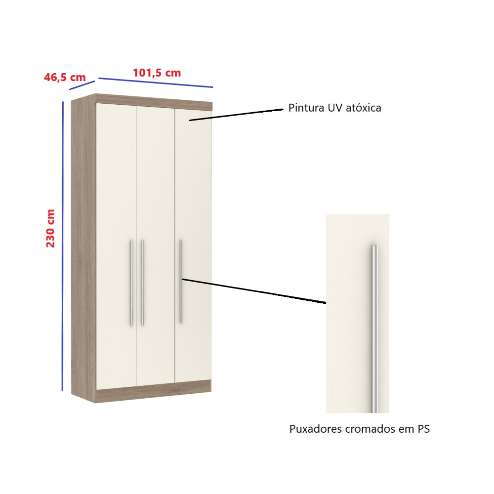 Guarda Roupa 3 Portas 2 Gavetas Internas - Módulo Dormitório Master - Guarda Roupas Modulado Luciane