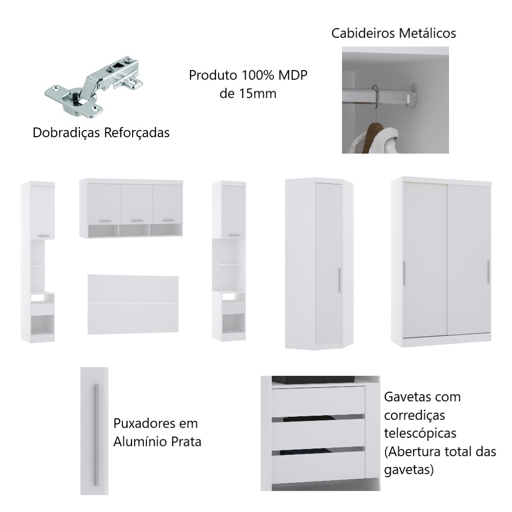 Guarda Roupa Dormitório Modulado Alpes Casal 1,38 m Canto c/ 2 Portas de Correr - Branco - Luciane M01