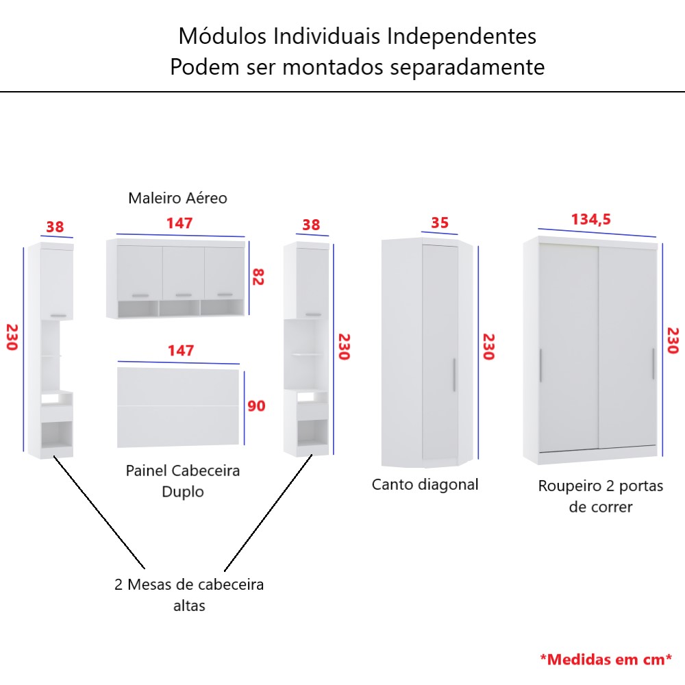 Guarda Roupa Dormitório Modulado Alpes Casal 1,38 m Canto c/ 2 Portas de Correr - Branco - Luciane M01