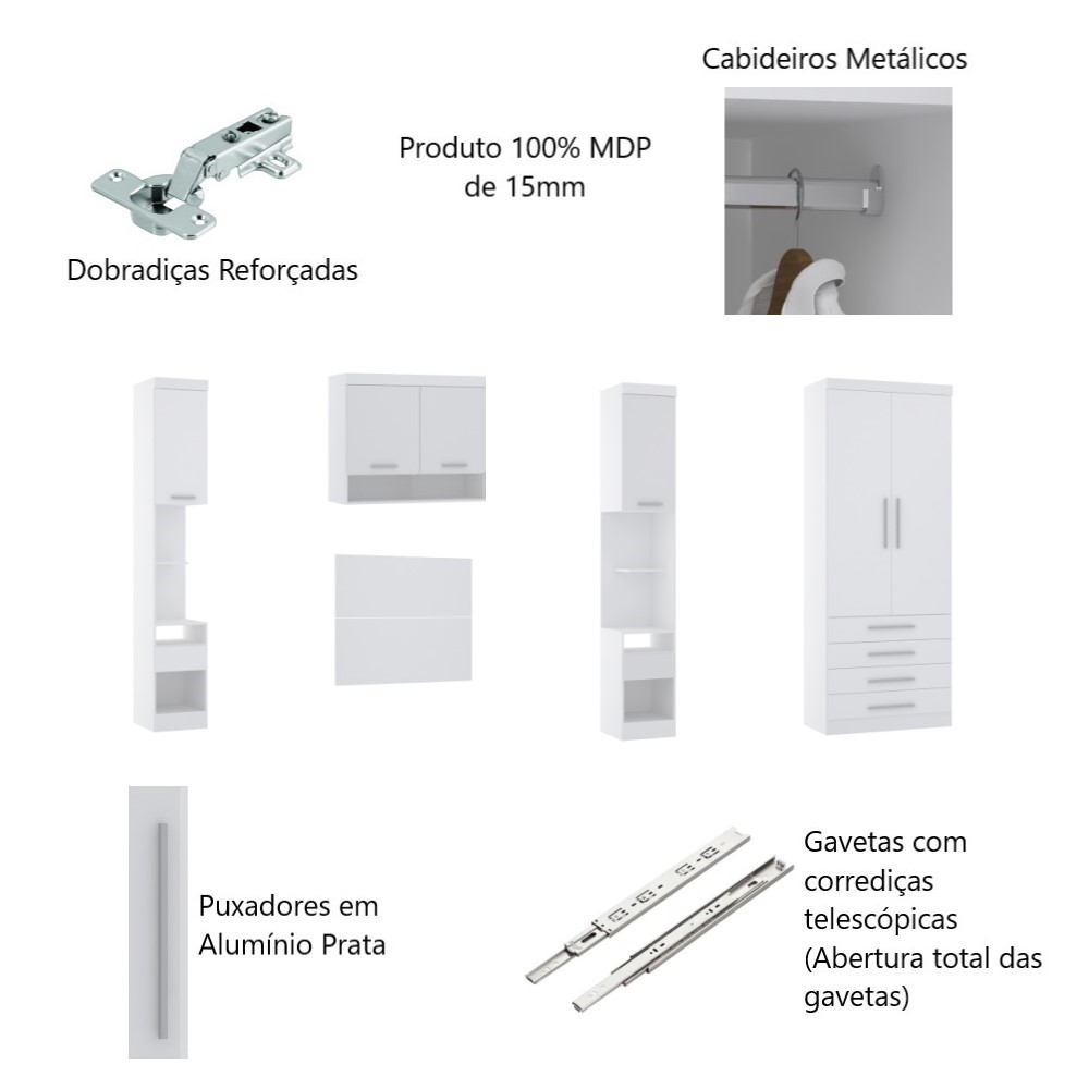Guarda Roupa Dormitório Modulado Alpes Solteiro - Roupeiro Luciane M02