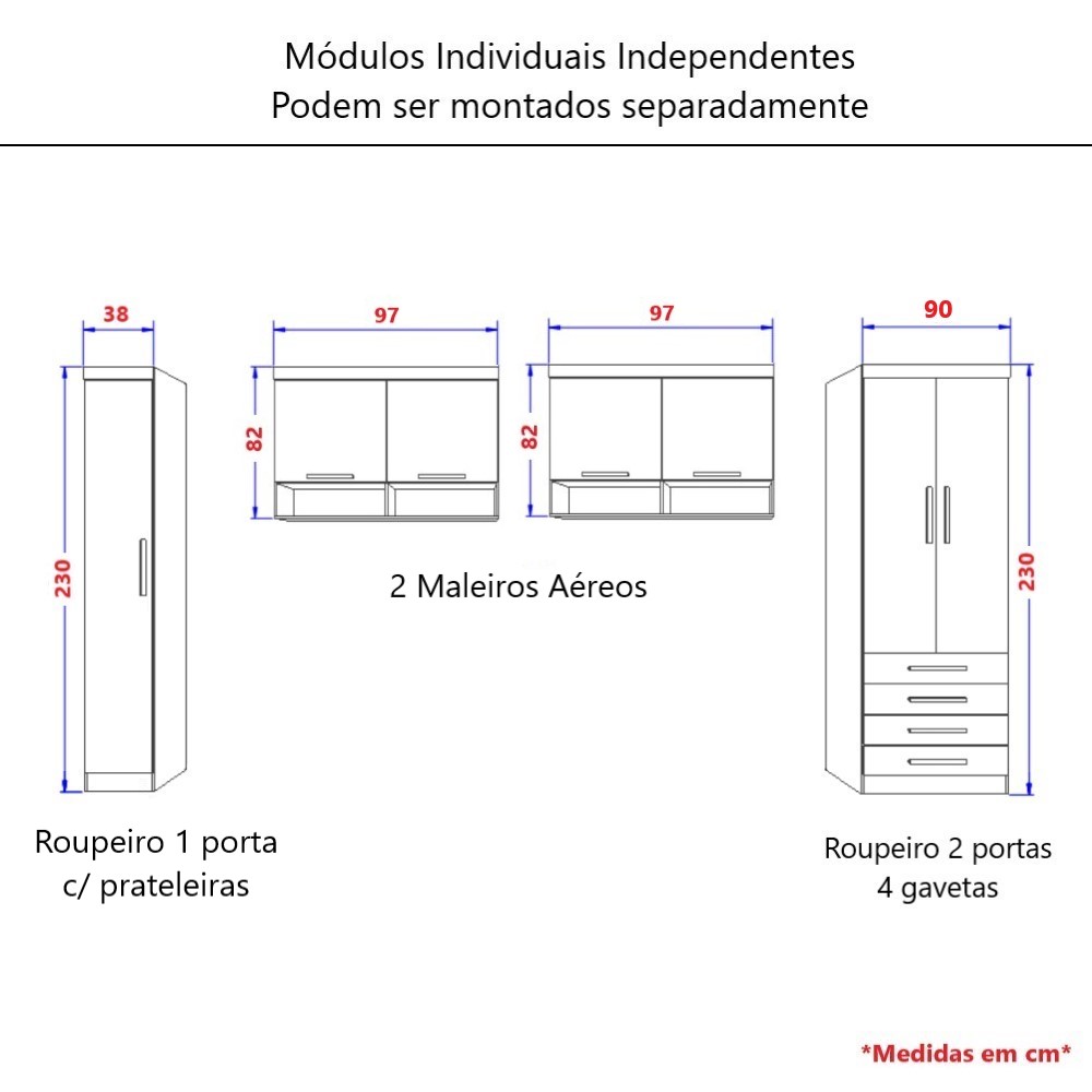 Guarda Roupa Dormitório Modulado Alpes Solteiro - Roupeiro Luciane M03