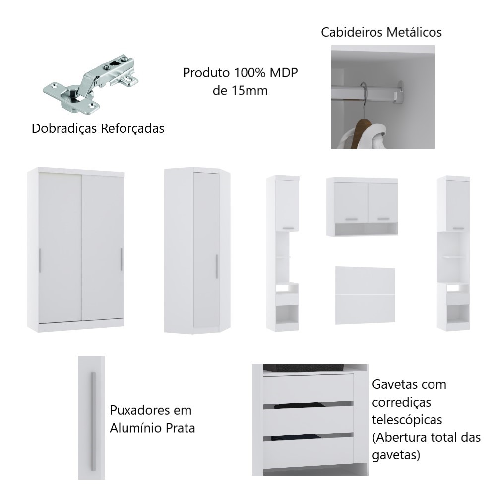 Guarda Roupa Dormitório Modulado Alpes Solteiro Canto c/ 2 Portas de Correr - Luciane M01