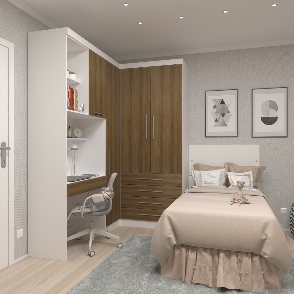 Guarda Roupa Dormitório Modulado Alpes Solteiro Canto c/ Bancada de Estudo - Roupeiro Luciane M04