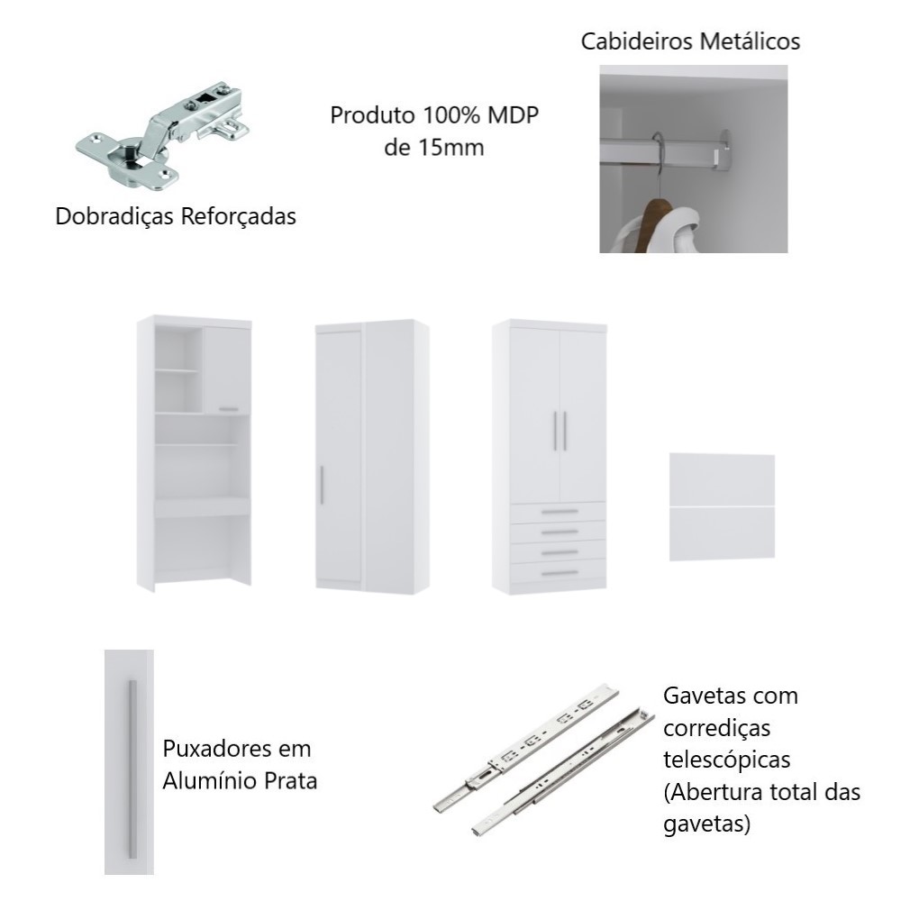 Guarda Roupa Dormitório Modulado Alpes Solteiro Canto c/ Bancada de Estudo - Roupeiro Luciane M04