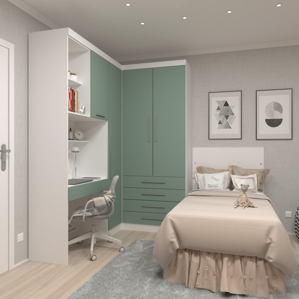 Guarda Roupa Dormitório Modulado Alpes Solteiro Canto c/ Bancada de Estudo - Roupeiro Luciane M04