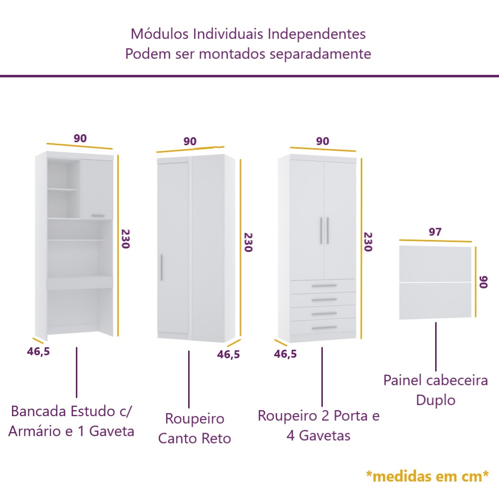 Guarda Roupa Dormitório Modulado Alpes Solteiro Canto c/ Bancada de Estudo - Roupeiro Luciane M04