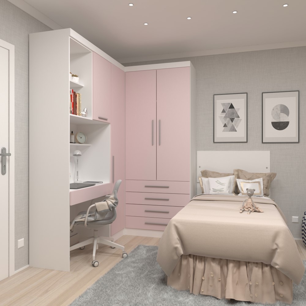 Guarda Roupa Dormitório Modulado Alpes Solteiro Canto c/ Bancada de Estudo - Roupeiro Luciane M04