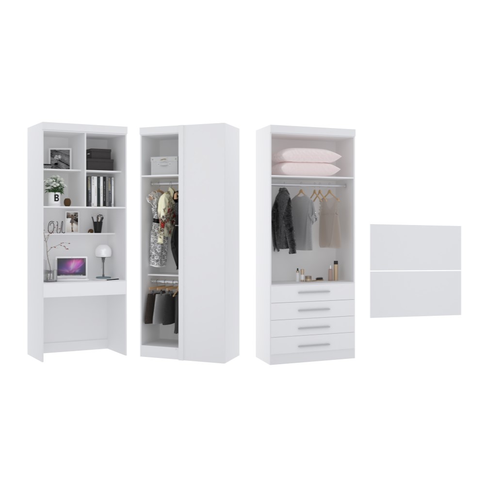 Guarda Roupa Dormitório Modulado Alpes Solteiro Canto c/ Bancada de Estudo - Roupeiro Luciane M04