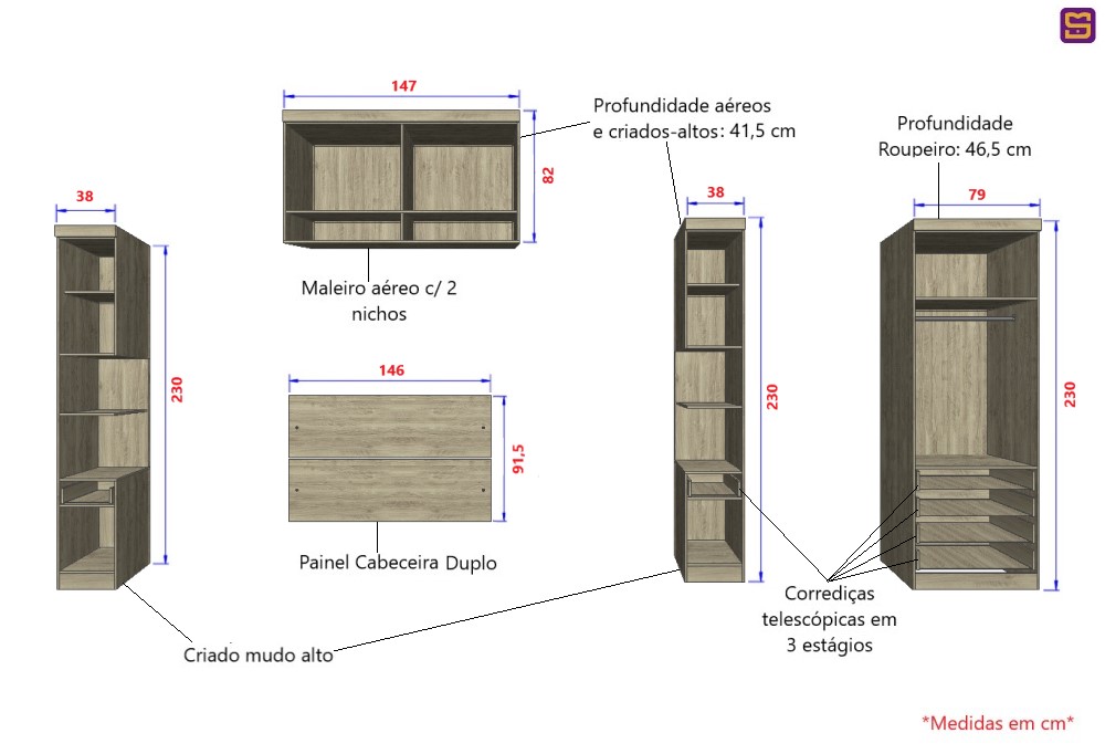 Guarda Roupa Dormitório Modulado Master Casal 1,38 m - Avelã Rústico e Areia - Luciane M01
