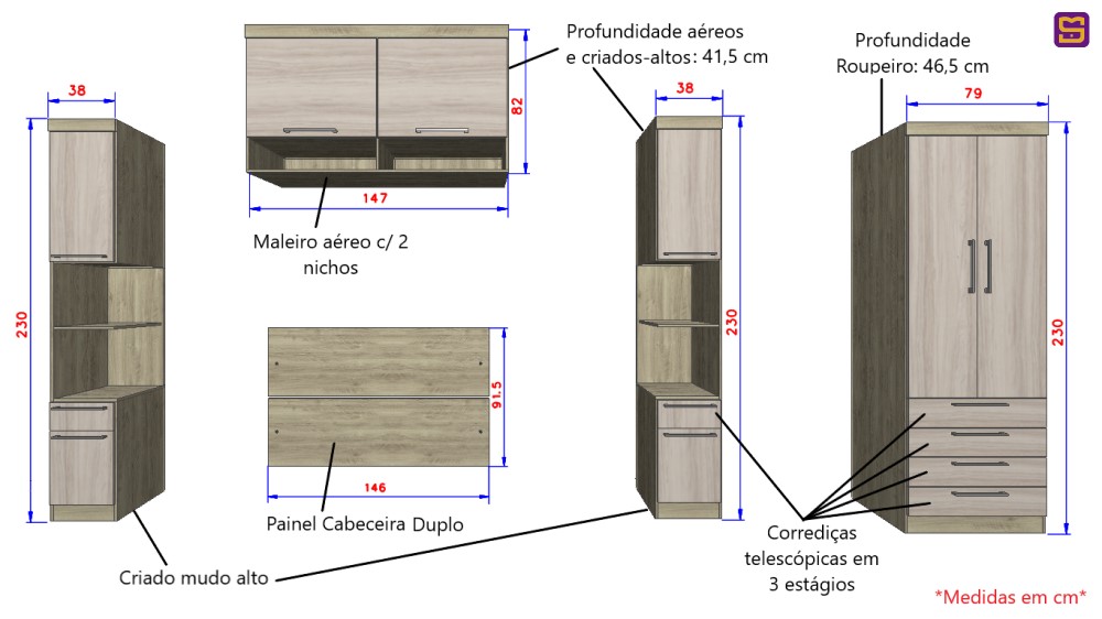 Guarda Roupa Dormitório Modulado Master Casal 1,38 m - Avelã Rústico e Ártico Rústico - Luciane M01