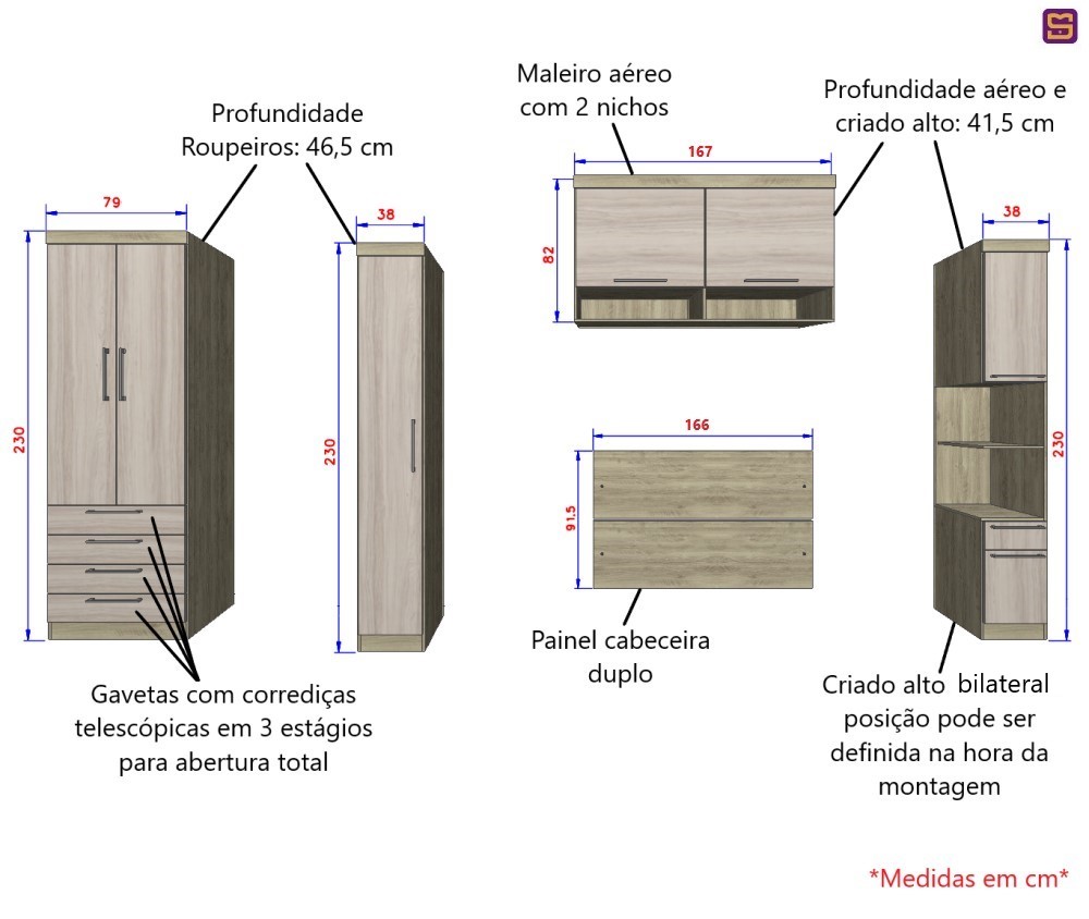 Guarda Roupa Dormitório Modulado Master Casal 1,38 m - Avelã Rústico e Ártico Rústico - Luciane M02